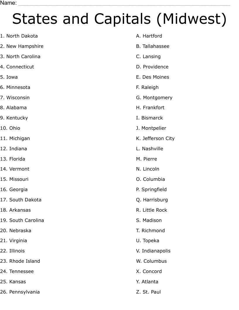 States And Capitals Midwest Worksheet WordMint States And Capitals Midwest Worksheet WordMint