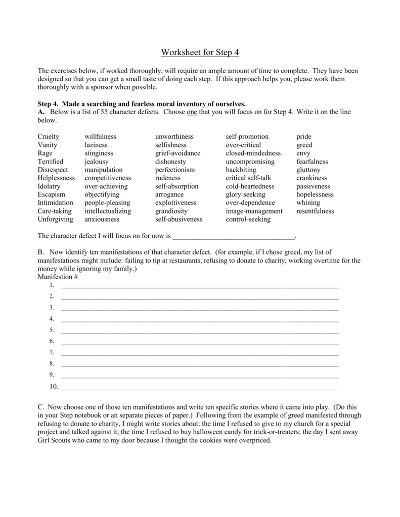 Step 4 Worksheet Moral Inventory amp Character Defects Step 4 Worksheet Moral Inventory amp Character Defects