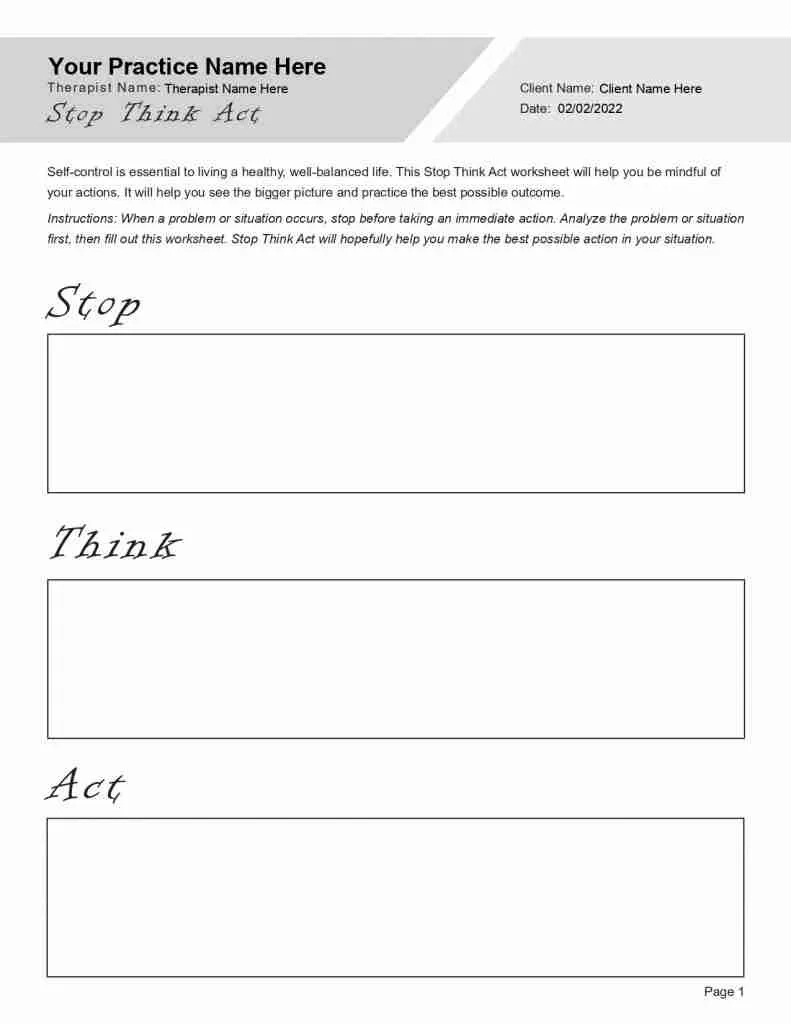 Stop Think Act Worksheet Editable Fillable Printable PDF Stop Think Act Worksheet Editable Fillable Printable PDF