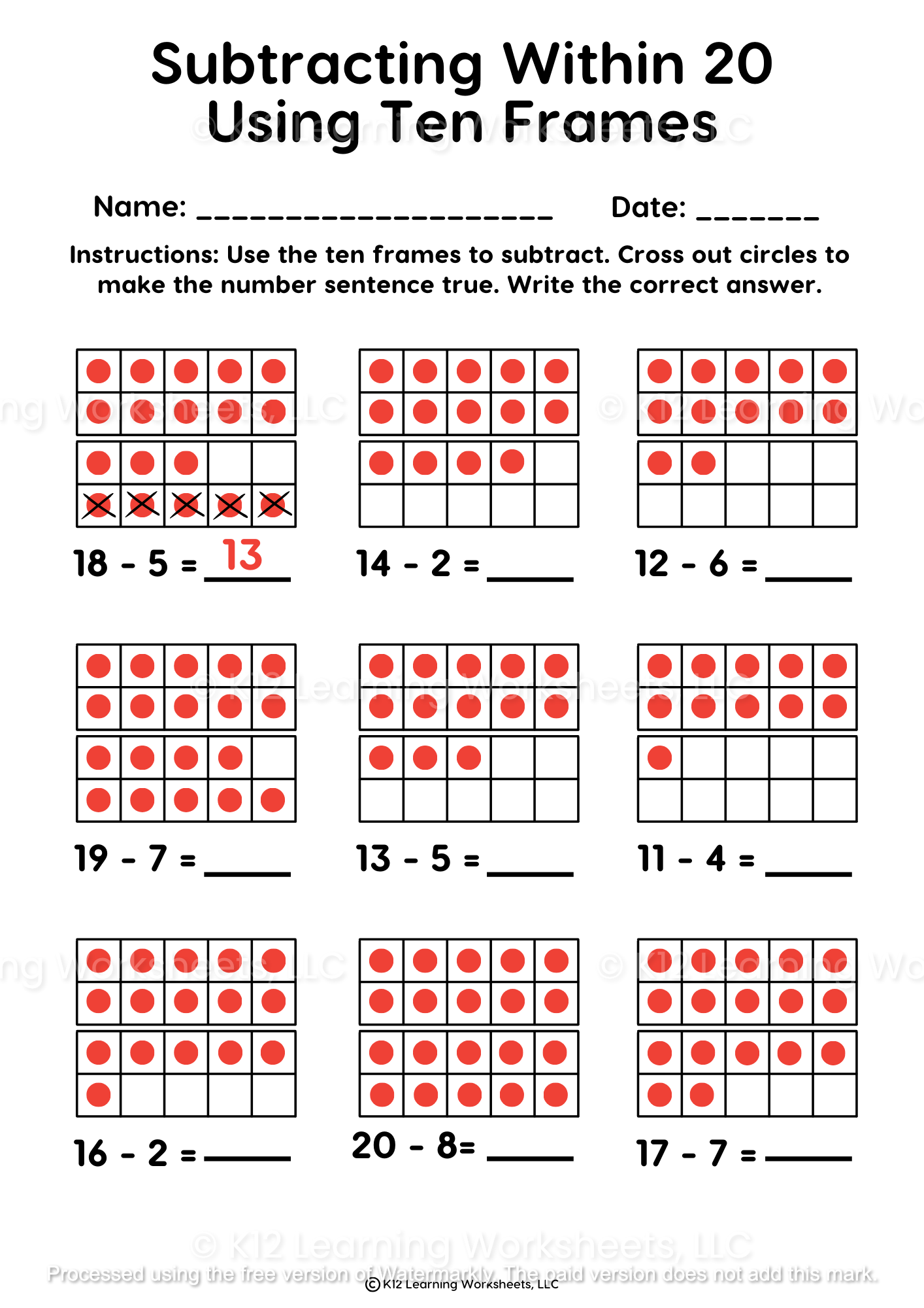 Subtracting Within 20 Using Ten Frames K12 Learning Worksheets Subtracting Within 20 Using Ten Frames K12 Learning Worksheets