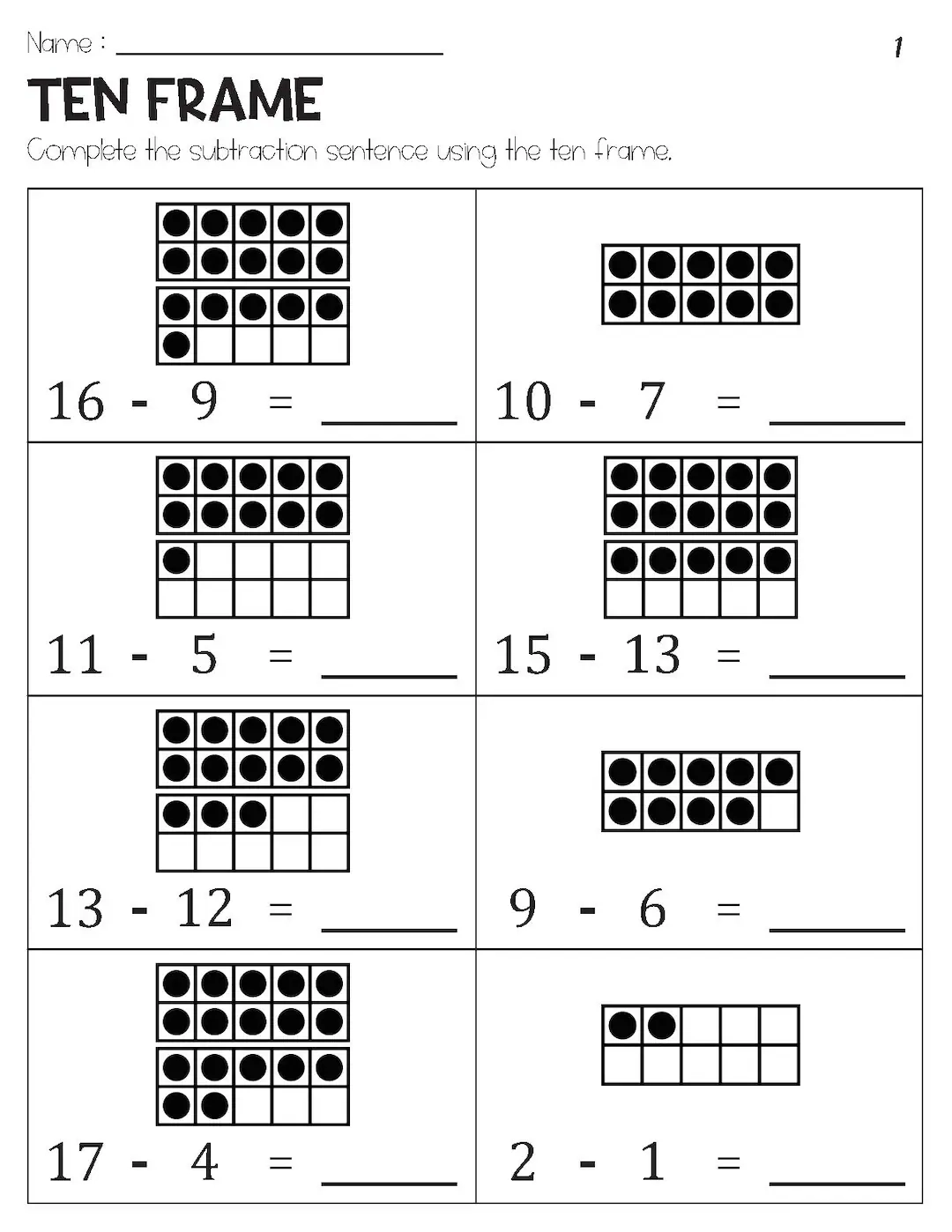 Subtraction Within 20 With Ten Frame Pictures Worksheets Etsy Canada Subtraction Within 20 With Ten Frame Pictures Worksheets Etsy Canada