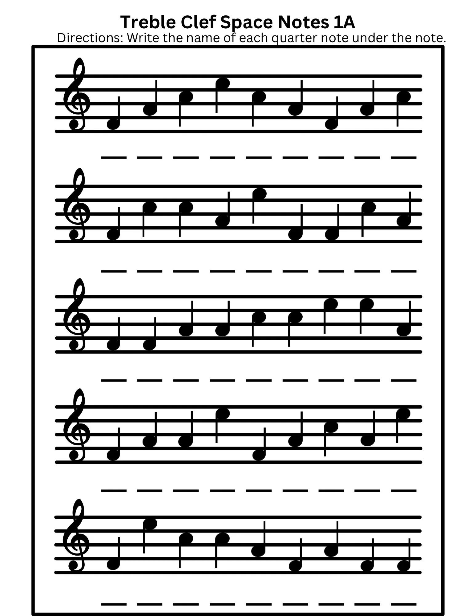 Treble Clef Space Notes Worksheet 1A Etsy