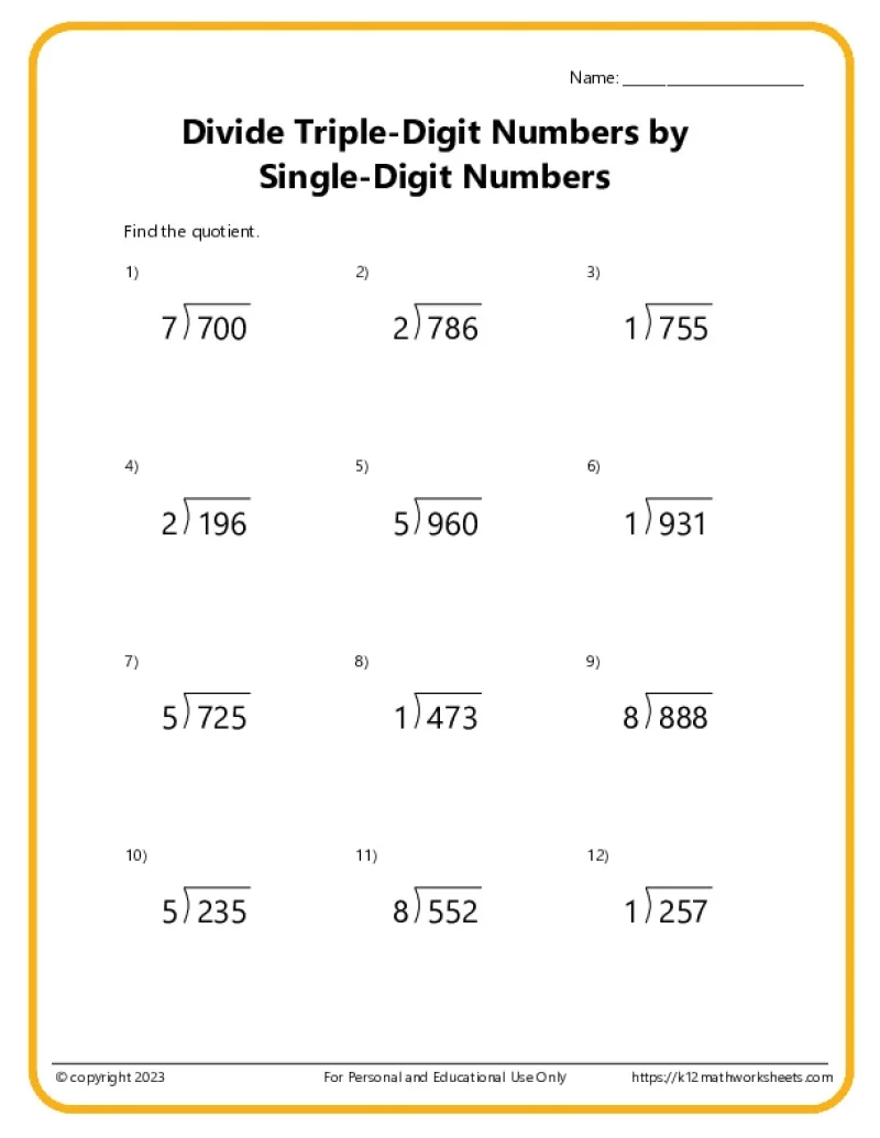 Triple Digit Division K12 Math Worksheets Triple Digit Division K12 Math Worksheets