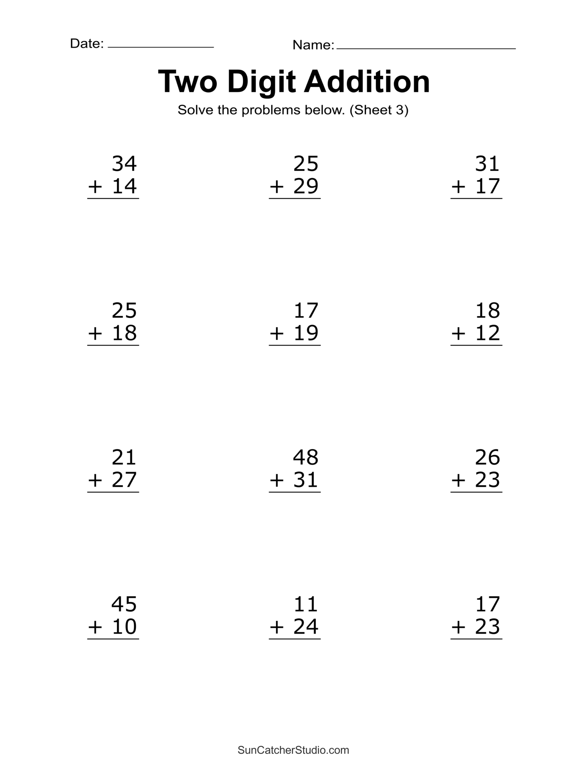 Two Digit Addition Worksheets Printable 2 Digit Problems Free Two Digit Addition Worksheets Printable 2 Digit Problems Free