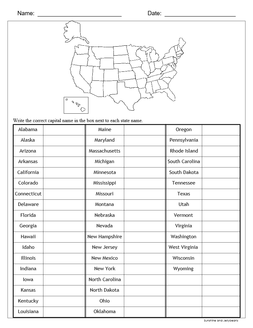 States And Capitals Free Printable Worksheets